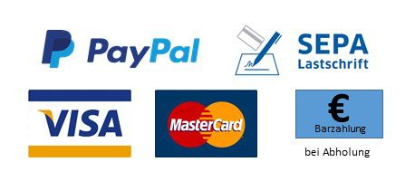 Zahlen Sie einfach und bequem Bar bei Abholung oder vorab per Paypal, Kreditkarte oder Lastschrift.